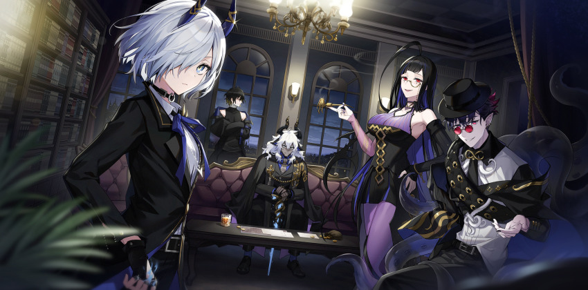 2girls 3boys ahoge alchemy_stars bandages belt belt_buckle black_dress black_footwear black_gloves black_headwear black_jacket black_pants blouse blue_neckwear book bookshelf breasts buckle cane chandelier choker cleavage closed_mouth coin collared_shirt colored_inner_hair colored_tips commentary_request couch cup detached_sleeves dress drinking_glass ear_piercing formal_clothes glint gloves hair_over_one_eye hand_on_own_hip highres holding holding_smoking_pipe horn_ornament horns huge_ahoge hydrad_(alchemy_stars) indoors istvan_(alchemy_stars) jacket jane_(alchemy_stars) jewelry kleken_(alchemy_stars) large_breasts long_sleeves looking_at_viewer multicolored_hair multiple_boys multiple_girls multiple_rings neck_ribbon necklace necktie nez39 open_mouth pant_suit pants paper piercing plant pointy_ears purple_legwear red-tinted_eyewear red_eyes resolution_mismatch ribbon ring round_eyewear semi-rimless_eyewear sheol_(alchemy_stars) shirt shirt_tucked_in short_hair sitting sleeveless sleeveless_shirt smile smoking_pipe source_smaller suit table tentacles tinted_eyewear wall_lamp white_hair white_shirt window