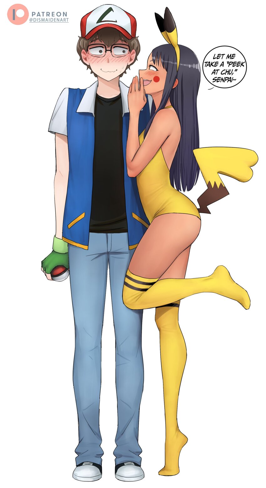 1boy 1girl absurdres animal_ears ash_ketchum ash_ketchum_(cosplay) baseball_cap black_hair blue_pants brown_eyes brown_hair cosplay creatures_(company) dark-skinned_female dark_skin denim dismaiden english_text fake_animal_ears fake_tail fingerless_gloves game_freak gen_1_pokemon glasses gloves green_gloves hachiouji_naoto hairband hat highres holding holding_poke_ball ijiranaide_nagatoro-san jeans leotard long_hair nagatoro_hayase nintendo pants pikachu pikachu_(cosplay) pikachu_ears pikachu_tail poke_ball pokemon pokemon_(anime) pokemon_(classic_anime) pokemon_tail pun simple_background standing standing_on_one_leg tail thighhighs white_background yellow_hairband yellow_leotard yellow_thighhighs