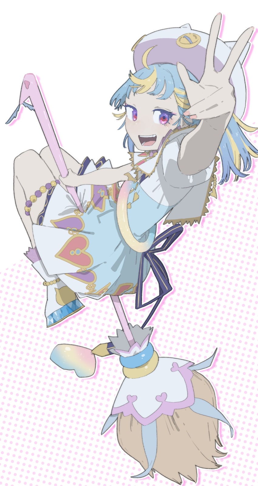 1girl :d ahoge animal_hat arm_up bad_id bad_twitter_id blonde_hair blue_hair blue_skirt boots broom broom_riding capelet cat_hat commentary_request from_above hat highres kemura_(puripurinea) long_hair looking_at_viewer magical_girl multicolored_hair myamu open_mouth outstretched_arm pleated_skirt polka_dot polka_dot_background pretty_series shirt sitting skirt smile solo streaked_hair twintails w waccha_primagi! white_boots white_capelet white_shirt