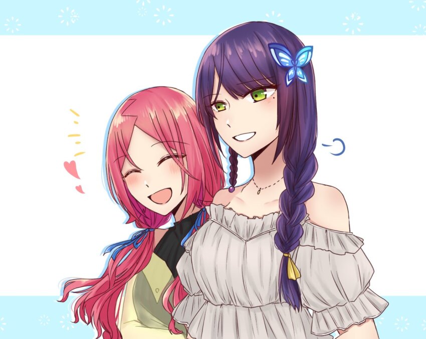 2girls :d ^_^ alternate_hairstyle arm_hug arms_at_sides assault_lily bare_shoulders black_shirt blue_background blue_ribbon blush braid braided_ponytail breasts butterfly_hair_ornament closed_eyes collarbone commentary drop_shadow emphasis_lines frilled_shirt frilled_sleeves frills funada_kiito green_eyes grey_shirt grin hair_ornament hair_over_shoulder hair_ribbon hand_up heart jewelry looking_at_another looking_to_the_side low_twintails medium_breasts mole mole_under_eye multiple_girls necklace nigari_(ngari_0115) off-shoulder_shirt off_shoulder open_mouth parted_bangs parted_lips pendant puff_of_air puffy_short_sleeves puffy_sleeves purple_hair red_hair ribbon see-through_clothes see-through_shirt shiba_tomoshibi shirt short_sleeves side-by-side side_braid sideways_glance sleeveless sleeveless_shirt smile twintails two-tone_background upper_body white_background yellow_ribbon yellow_shirt yuri