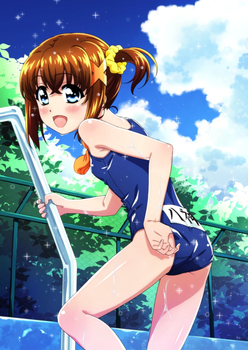1girl adjusting_clothes adjusting_swimsuit blue_eyes blue_one-piece_swimsuit blue_school_swimsuit breasts brown_hair chain-link_fence cloud commentary_request cowboy_shot fence highres lyrical_nanoha mahou_shoujo_lyrical_nanoha miyajima_hitoshi name_tag one-piece_swimsuit pool_ladder school_swimsuit scrunchie short_hair side_ponytail sky small_breasts smile solo sparkle swimsuit unworn_swim_cap wet yagami_hayate
