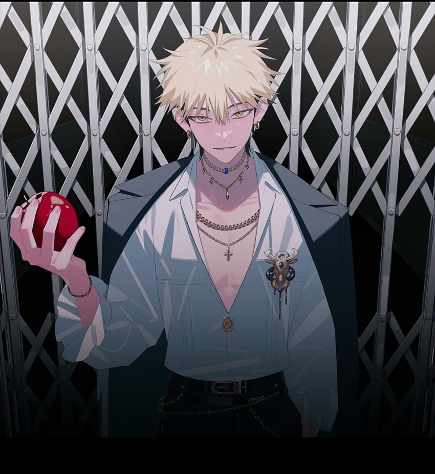1boy apple badge belt black_belt black_hair black_jacket black_pants blonde_hair bracelet chain chain_necklace collarbone collared_shirt cowboy_shot ear_piercing earrings food frilled_sleeves frills fruit hand_in_pocket hand_up highres holding holding_food holding_fruit inplick jacket jacket_on_shoulders jewelry long_sleeves looking_at_viewer male_focus multicolored_hair necklace official_alternate_costume official_art open_collar orange_eyes pants parted_lips pectoral_cleavage pectorals piercing second-party_source shiguang_dailiren shirt short_hair smile solo spiked_hair standing two-tone_hair upper_body wallet_chain white_shirt xia_fei