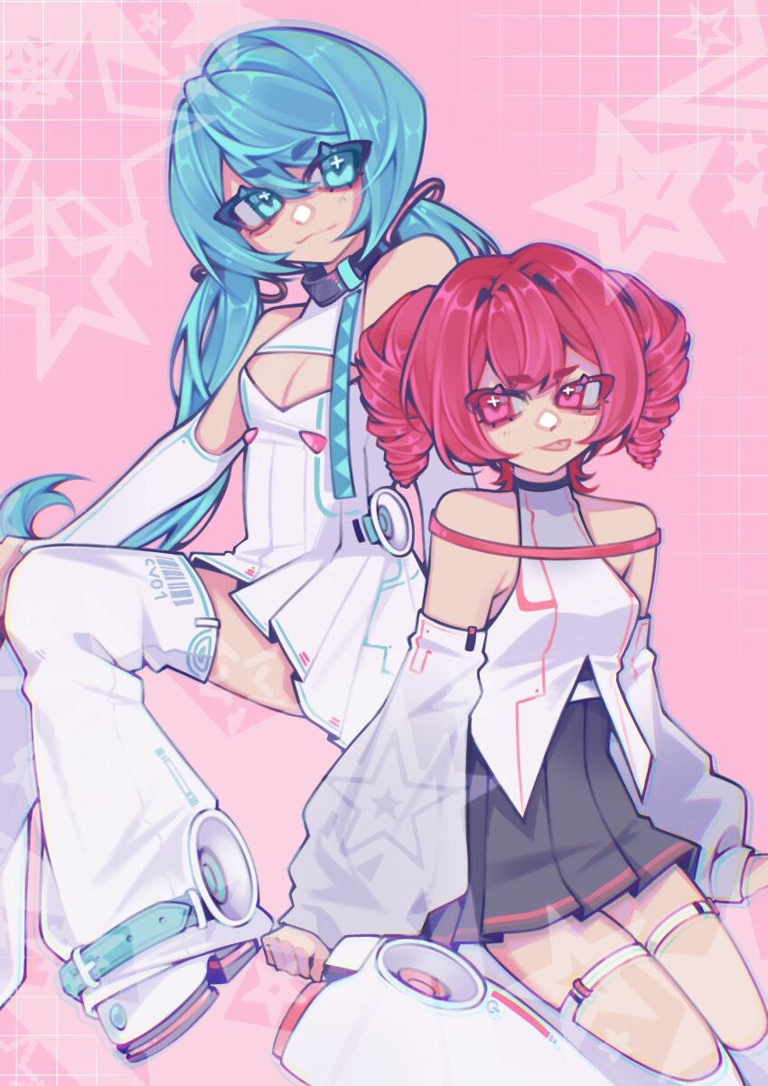 2girls absurdres aqua_eyes aqua_hair barcode black_skirt breasts cleavage commentary cyber_fashion detached_sleeves dress english_commentary galasynth_(vocaloid) grid hair_between_eyes hair_intakes hatsune_miku highres kasane_teto kneeling long_sleeves low_twintails maty_(sesamii.seed) multiple_girls pink_background pleated_skirt red_eyes red_hair shirt sitting skirt sleeves_past_wrists speaker star_(symbol) tongue tongue_out twintails utau vocaloid white_dress white_footwear white_shirt white_sleeves