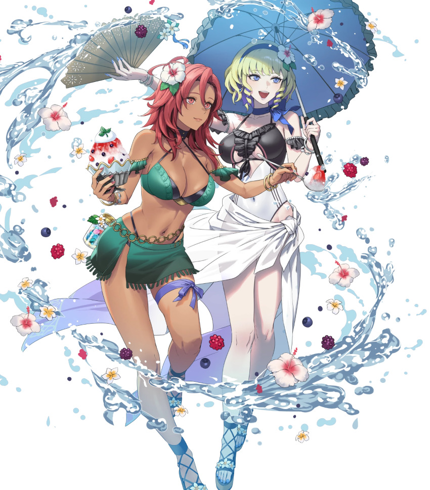 2girls attack bikini blonde_hair blue_nails bracelet breasts cleavage colored_inner_hair constance_von_nuvelle constance_von_nuvelle_(summer) covered_navel dark-skinned_female dark_skin drill_hair drill_sidelocks female_focus fire_emblem fire_emblem:_three_houses fire_emblem_heroes flower folding_fan food green_bikini hair_flower hair_ornament hairband hand_fan hapi_(fire_emblem) hapi_(summer)_(fire_emblem) highres holding holding_umbrella ice_cream jewelry matching_hair/eyes medium_breasts medium_hair multicolored_hair multiple_girls nail_polish navel nintendo non-web_source official_alternate_costume official_art one-piece_swimsuit open_mouth parasol purple_eyes purple_hair red_eyes red_hair sandals sarong shaved_ice short_hair sidelocks smile swimsuit toenail_polish toenails toes umbrella water white_sarong