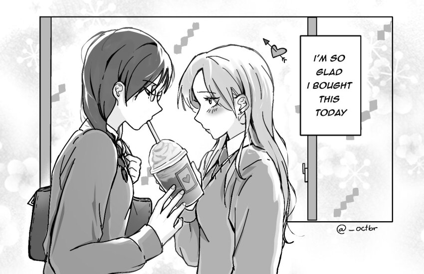 2girls bag blush braid collared_shirt drink drinking_straw english_text feeding frappuccino greyscale holding holding_drink kurume_makoto long_hair looking_at_another monochrome multiple_girls murashige_yuzuki necktie octbr school_uniform shirt shoulder_bag skip_to_loafer speech_bubble sweater thought_bubble twitter_username upper_body yuri