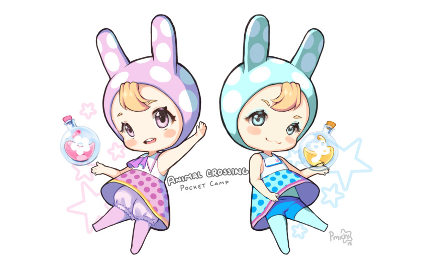 2girls :3 animal_crossing animal_ears animal_hood arm_up artist_name asagawa_mikan_(peachy_michi) ascot bare_shoulders bike_shorts blonde_hair bloomers blue_eyes blue_eyeshadow blue_pantyhose blue_skirt blush blush_stickers chibi chrissy_(animal_crossing) closed_mouth collared_shirt copyright_name cork dated detached_hood english_text eyeshadow fake_animal_ears female_focus flask flat_chest francine_(animal_crossing) full_body glass half-closed_eyes hand_up happy highres holding hood hood_up humanization liquid looking_at_viewer makeup miniskirt multiple_girls nintendo open_mouth outstretched_arm pantyhose pink_eyes pink_pantyhose pink_skirt polka_dot polka_dot_skirt potion purple_ascot rabbit_ears round-bottom_flask sailor_collar shirt short_hair siblings signature sisters skirt sleeveless sleeveless_shirt smile standing star_(symbol) swept_bangs symmetry teeth underwear upskirt white_bloomers white_sailor_collar white_shirt
