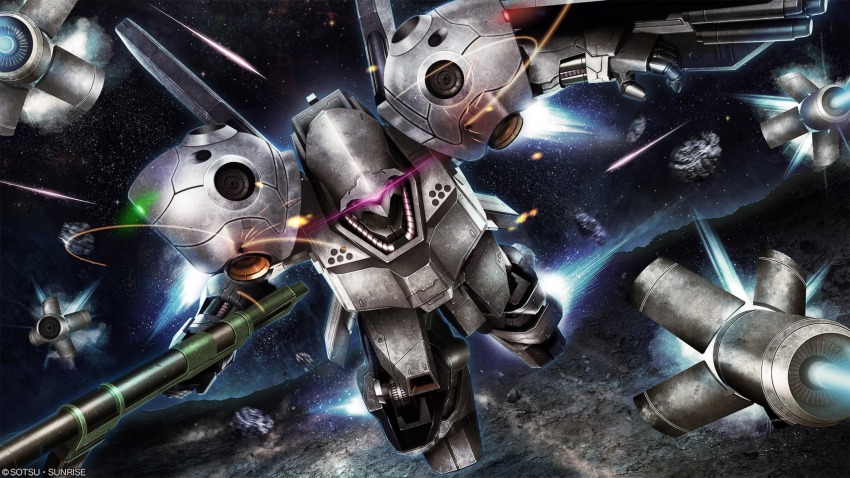 absurdres asteroid axis_(gundam) battle beam_rifle cable char&#039;s_counterattack char&#039;s_counterattack_-_beltorchika&#039;s_children color_variation copyright_logo energy energy_beam energy_gun firing funnels_(gundam) glowing gundam gundam_battle_operation_2 highres lens_flare machinery mecha mecha_focus mobile_suit neo_zeon no_humans one-eyed painting_(medium) psycho_doga realistic robot scan science_fiction shield space sunrise_(company) tenjin_hidetaka thrusters traditional_media weapon zero_gravity