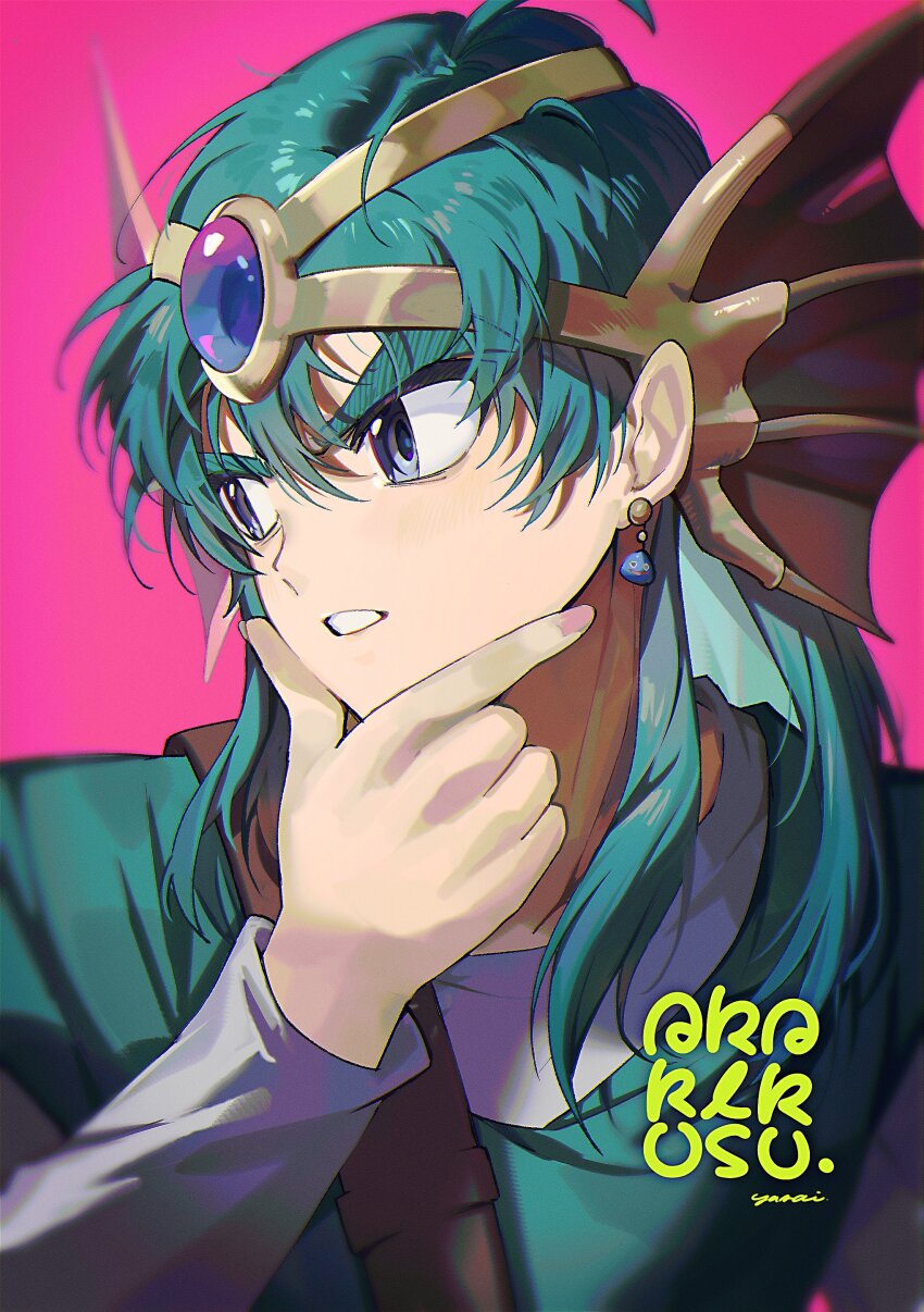 1boy absurdres blurry depth_of_field dragon_quest dragon_quest_iv earrings fingernails green_hair green_tunic grey_eyes hashtag-only_commentary hero_(dq4) highres jewelry long_hair male_focus pink_background signature slime_(dragon_quest) solo thinking tunic upper_body v-shaped_eyebrows yasaikakiage
