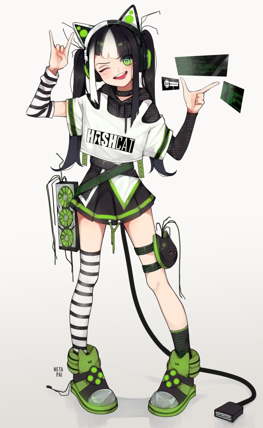 1girl \n/ animal_ear_headphones animal_ears arm_up arm_warmers artist_name asymmetrical_footwear asymmetrical_sidelocks asymmetrical_sleeves black_hair black_skirt black_socks blunt_bangs cable cable_tail cat_ear_headphones choker computer_fan computer_mouse crop_top crossed_belts diagonal_bangs dot_nose facing_viewer fake_animal_ears full_body green_eyes green_shoes green_trim hand_up head_tilt headphones highres hood hood_down hoodie layered_sleeves long_sleeves mechanical_tail multicolored_hair netapai1 one_eye_closed open_mouth original personification pigeon-toed pleated_skirt print_shirt shirt shoes short_over_long_sleeves short_sleeves single_arm_warmer single_sleeve skirt smile socks solo striped_arm_warmers striped_clothes striped_thighhighs tail teeth thighhighs twintails two-tone_hair uneven_footwear upper_teeth_only white_hair wire