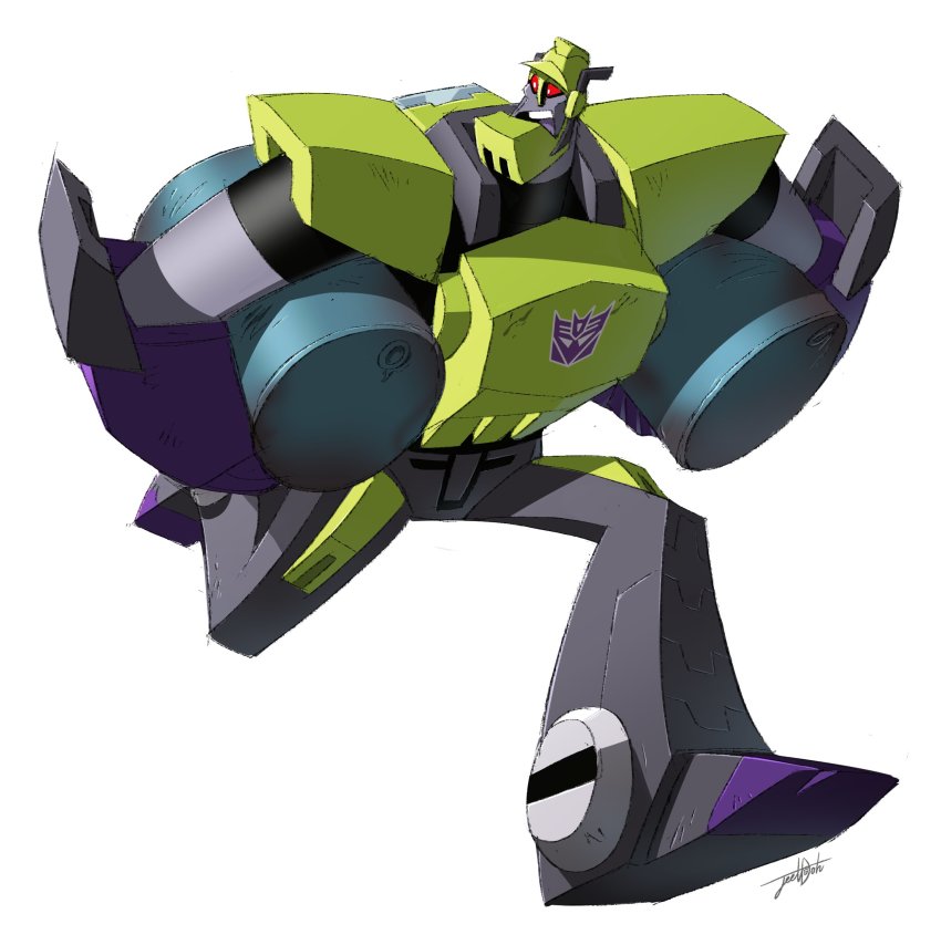 1boy absurdres bulldozer constructicon construction_worker decepticon drum_(container) highres jeetdoh mecha oil open_hand red_eyes robot running scrapper_(transformers) transformers transformers_animated