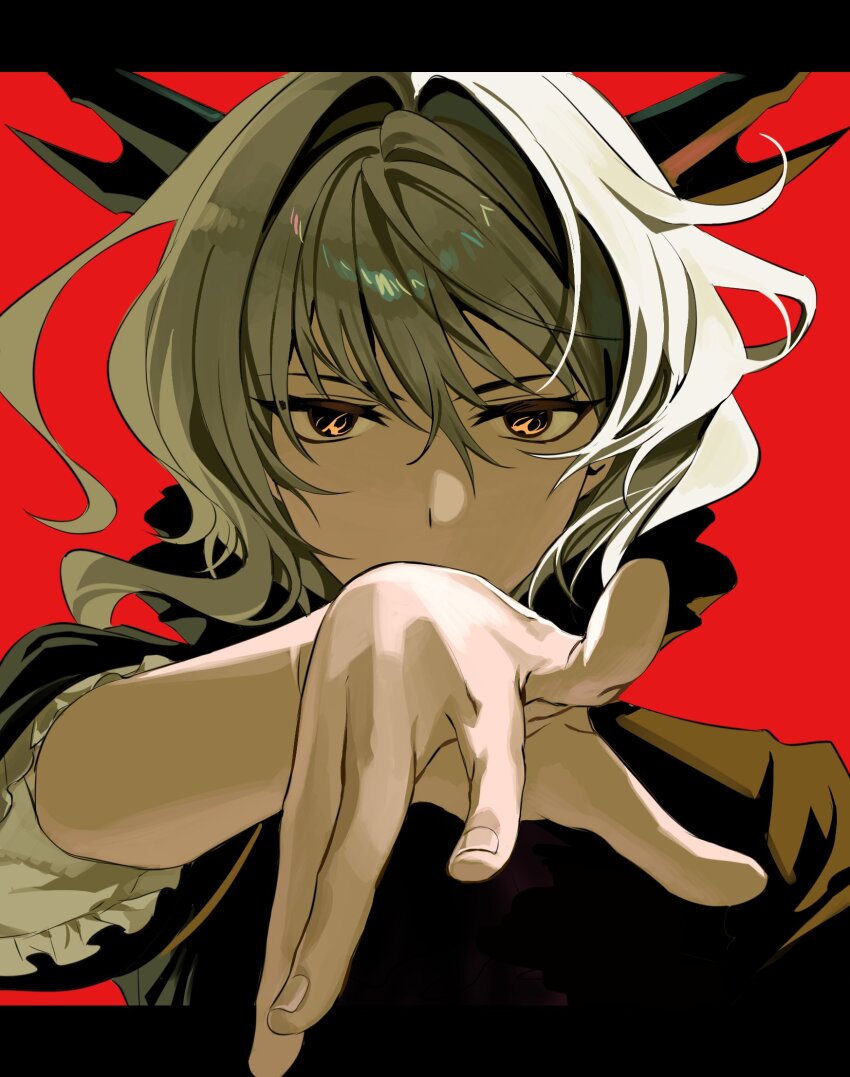 1girl arknights black_eyes black_horns covered_mouth eye_reflection fingernails frilled_sleeves frills grey_hair hair_between_eyes hair_intakes highres horns letterboxed looking_at_viewer mevii12345 outside_border red_background reflection short_hair simple_background solo talulah_(arknights)