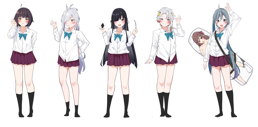 5girls adapted_costume ahoge akishimo_(kancolle) alternate_costume aqua_bow aqua_bowtie asashimo_(kancolle) asymmetrical_hair black_hair black_socks blunt_bangs bow bowtie brown_eyes brown_hair collared_shirt dakimakura_(object) gradient_hair green_eyes grey_eyes grey_hair hair_between_eyes hair_ornament hair_over_one_eye hair_ribbon hayashimo_(kancolle) highres kantai_collection kishinami_(kancolle) kiyoshimo_(kancolle) leaf_hair_ornament long_hair long_sleeves mamiya_(kancolle) miniskirt multicolored_hair multiple_girls open_mouth pillow pleated_skirt ponytail purple_skirt ribbon shirt short_hair skirt socks very_long_hair wavy_hair white_hair white_ribbon white_shirt yungel