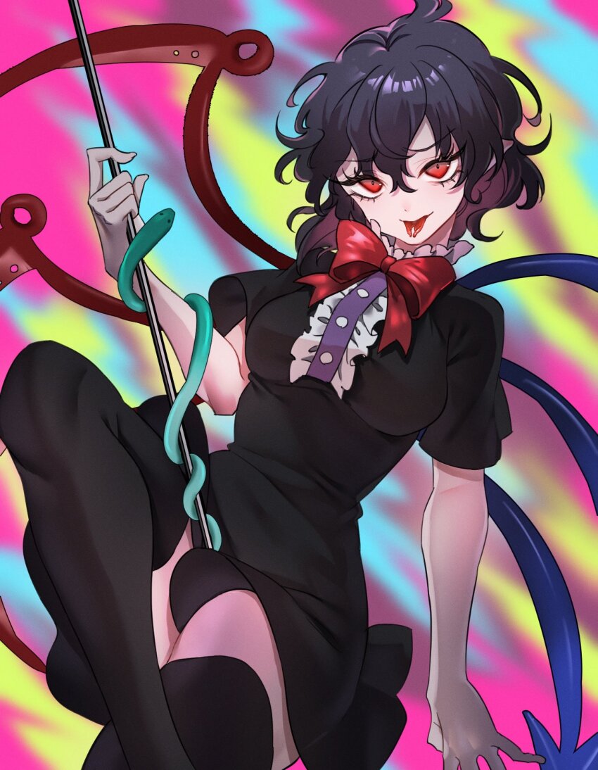 1boy 1girl ahoge asymmetrical_wings black_dress black_hair black_panties black_thighhighs blue_wings breasts buttons center_frills crossed_legs dress frills highres holding houjuu_nue looking_at_viewer neon_(co2co8) nue_day panties pointy_ears red_eyes red_wings short_dress short_hair short_sleeves smile snake solo thighhighs tongue tongue_out touhou underwear wings