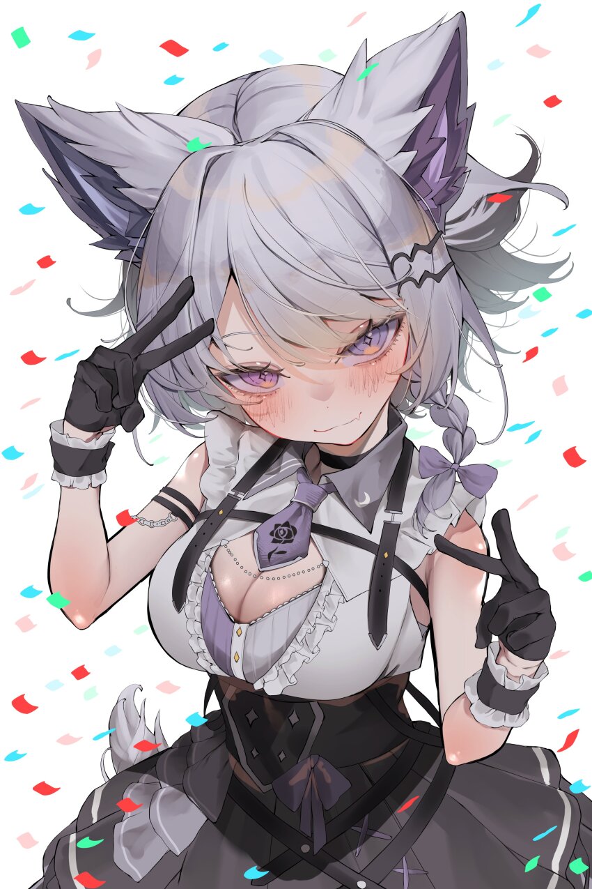 1girl absurdres animal_ears black_corset black_gloves black_skirt blue_eyes blush breasts chest_strap cleavage_cutout closed_mouth clothing_cutout confetti corset diamond_in_eye double_v fox_ears fox_girl fox_tail frilled_shirt frilled_wrist_cuffs frills gloves grey_hair hair_ornament hairclip heterochromia highres indie_virtual_youtuber kararage_tsune large_breasts looking_at_viewer necktie parted_bangs pink_eyes pleated_skirt purple_necktie second-party_source shirt short_hair short_necktie sidelocks skirt sleeveless sleeveless_shirt solo tail ururu_uru v virtual_youtuber white_background white_shirt wrist_cuffs