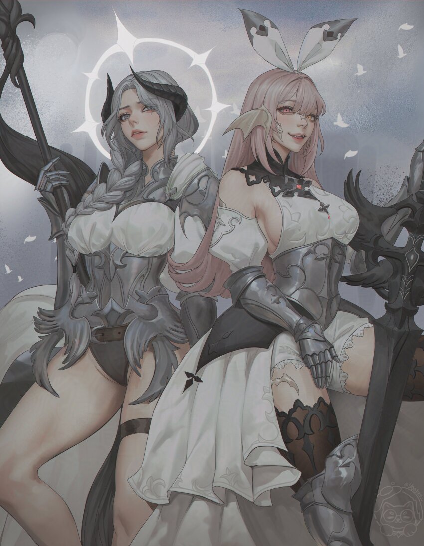 2girls absurdres au_ra black_thighhighs braid breasts commentary detached_sleeves dragon_horns dress english_commentary eyes_visible_through_hair feet_out_of_frame final_fantasy final_fantasy_xiv gauntlets gem grey_eyes grey_hair hair_over_breasts hair_over_one_breast hair_over_shoulder highres holding holding_sword holding_weapon horns long_hair medium_breasts multiple_girls open_mouth pink_eyes pink_hair red_gemstone sideboob single_braid sword teeth thigh_strap thighhighs upper_teeth_only warrior_of_light_(ff14) weapon white_dress white_scales yuki_lu