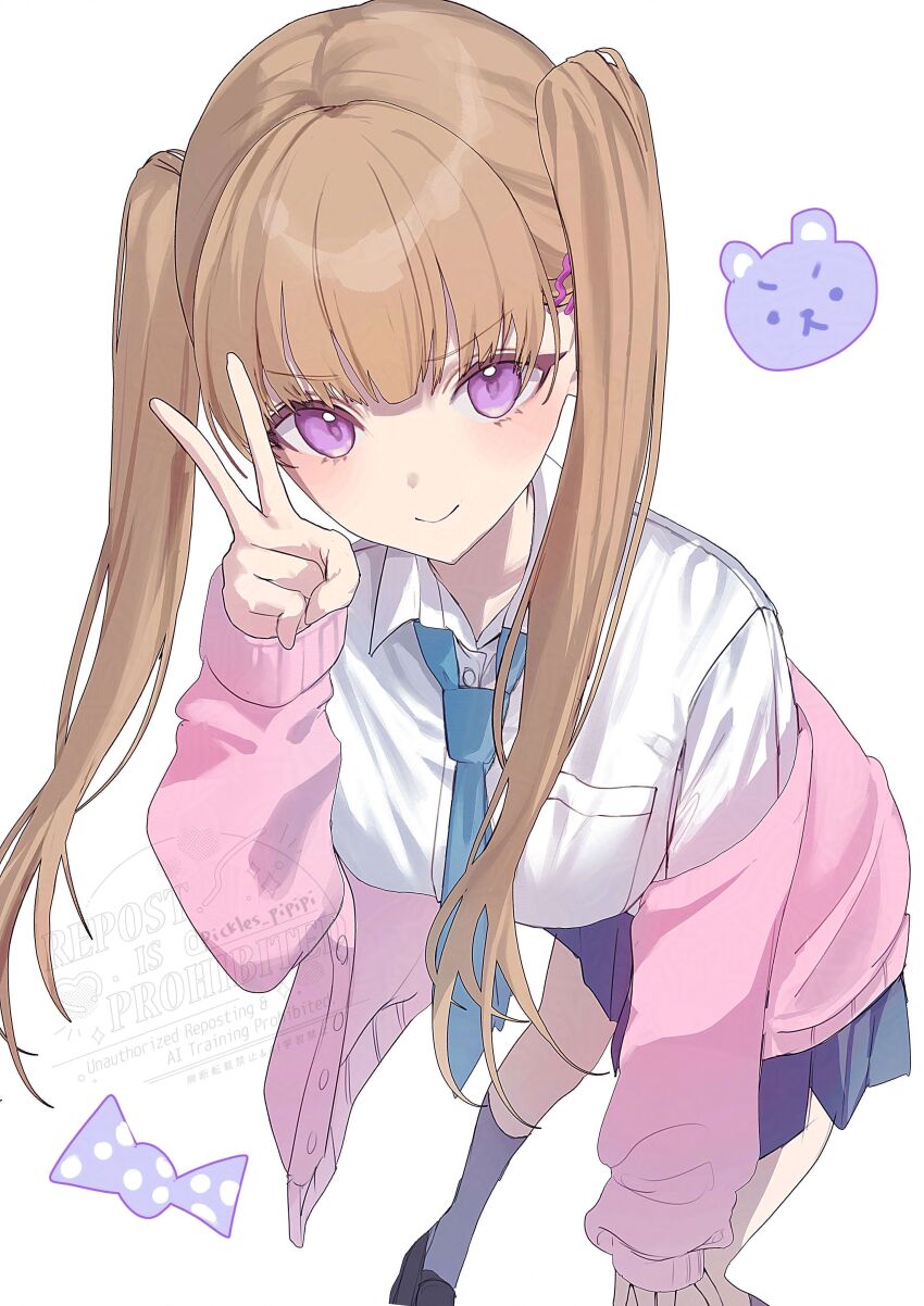 1girl absurdres blue_necktie blue_skirt blush breasts brown_hair cardigan choppy_bangs collared_shirt commentary foot_out_of_frame hand_up highres kneehighs large_breasts leaning_forward long_hair long_sleeves looking_at_viewer miniskirt nagi_(pickles_pipipi) necktie off_shoulder original pink_cardigan purple_eyes shirt skirt socks solo twintails v watermark white_background white_shirt wing_collar