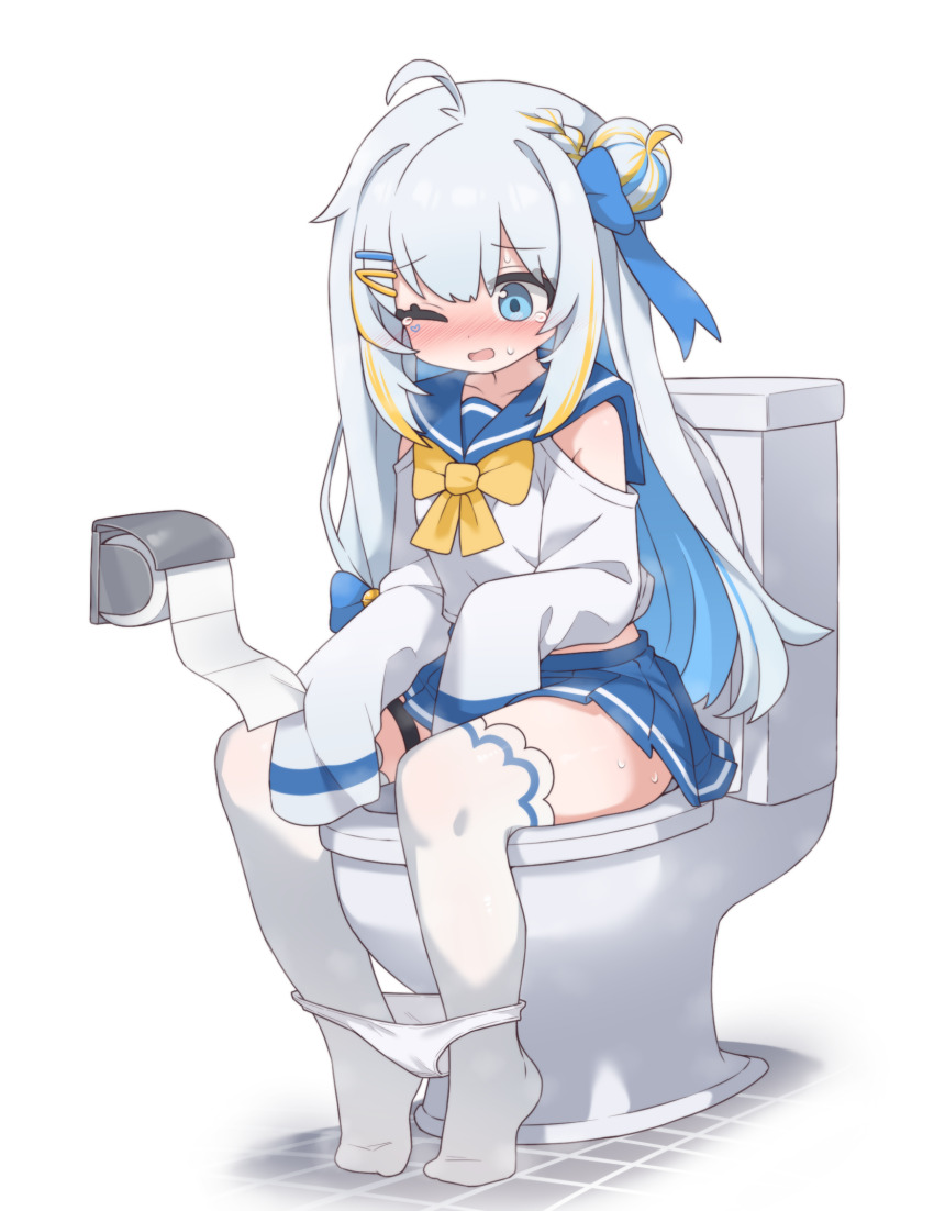 1girl aku0 blonde_hair blue_bow blue_hair blue_sailor_collar blue_skirt blush bow bowtie character_request commentary copyright_request hair_bow hair_bun hair_ornament highres multicolored_hair one_eye_closed panties sailor_collar shirt simple_background sitting skirt sweat symbol-only_commentary thighhighs toilet toilet_paper underwear white_background white_hair white_panties white_shirt white_thighhighs yellow_bow yellow_bowtie