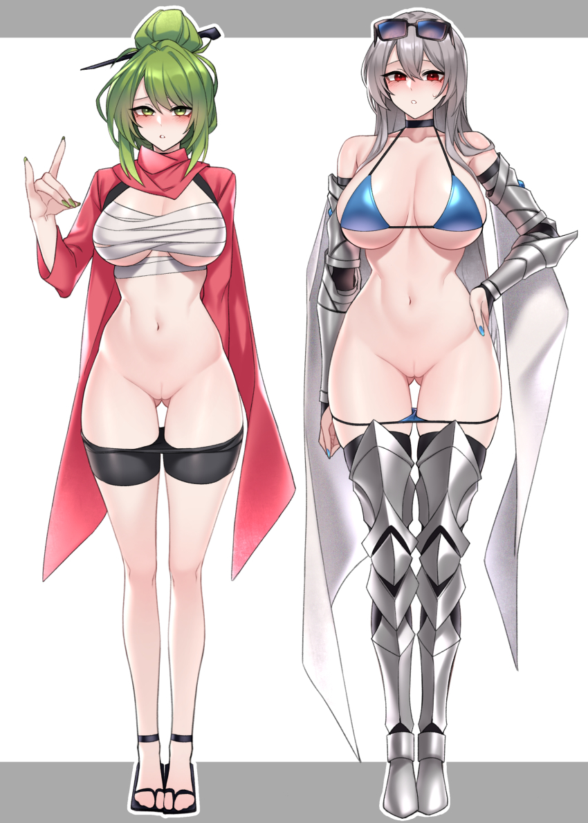 2girls :o absurdres armor bike_shorts bikini bikini_pull black_choker black_shorts blue_bikini blue_nails blush breasts chest_sarashi choker cleft_of_venus closed_mouth clothes_pull commentary_request commission cuisses dogs_(dlrkdejr26) double-parted_bangs fingernails fox_shadow_puppet full_body gluteal_fold green_eyes green_hair green_nails grey_hair hair_between_eyes hair_bun hair_ornament hair_stick halterneck hand_on_own_hip hand_up highleg highleg_bikini highres korean_commentary large_breasts large_variant_set letterboxed long_fingernails long_hair looking_at_viewer micro_shorts multiple_girls nail_polish navel original outside_border parted_lips poleyn pussy red_eyes sabaton sandals sarashi shorts shorts_pull single_hair_bun standing stomach string_bikini swimsuit uncensored underboob vambraces variant_set very_long_hair white_background zouri