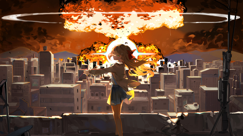 1girl bare_legs blue_eyes blue_skirt brown_hair cardigan city closed_mouth commentary dress_shirt english_commentary explosion explosion_background from_behind hair_ribbon hand_up heart heart-shaped_hair highres holding indie_virtual_youtuber long_hair looking_at_viewer neuro-sama nuclear_explosion outdoors pleated_skirt red_ribbon ribbon shirt skirt solo sorenftt virtual_youtuber white_shirt wide_shot yellow_cardigan