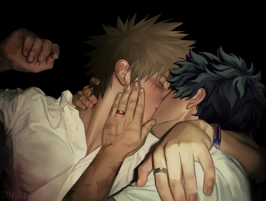 2boys bakugou_katsuki black_background blonde_hair boku_no_hero_academia closed_eyes collared_shirt dyn4bun green_hair hand_on_another&#039;s_face hand_on_another&#039;s_neck hand_on_another&#039;s_shoulder highres jewelry kiss male_focus midoriya_izuku multiple_boys multiple_scars ring scar scar_on_arm scar_on_face scar_on_hand shirt short_hair simple_background spiked_hair white_shirt yaoi