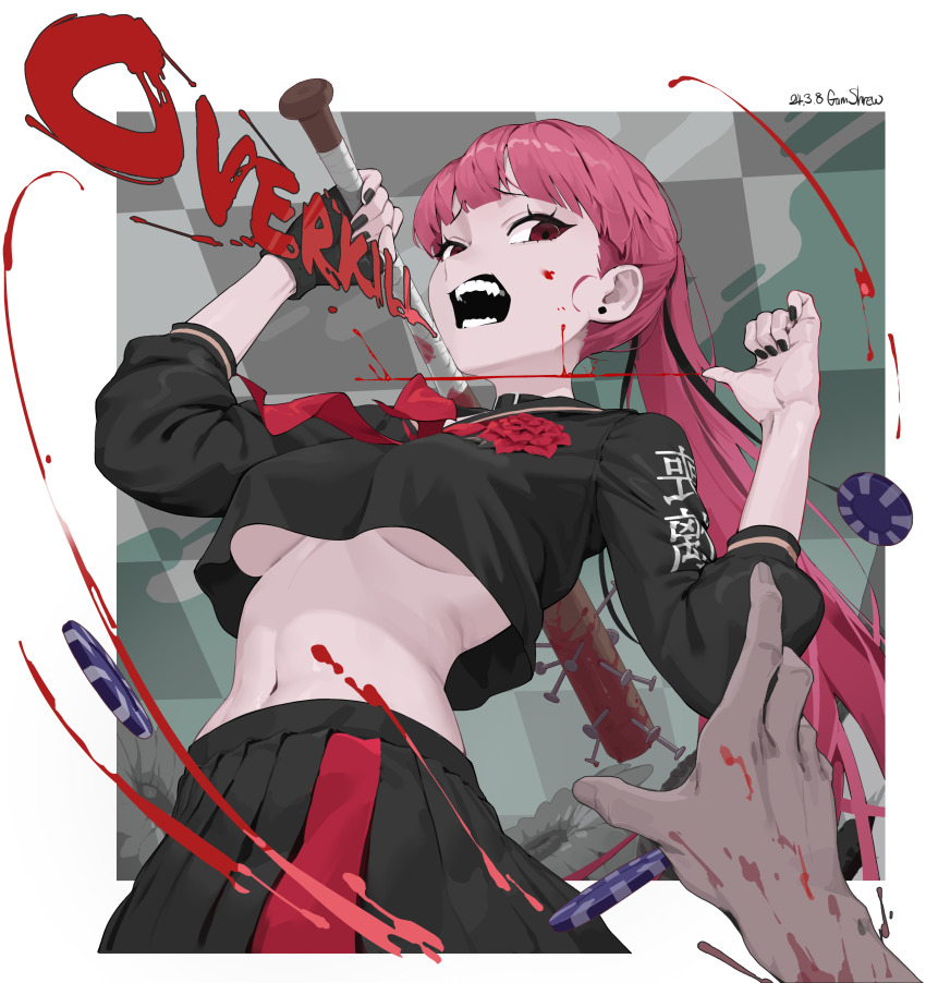 absurdres baseball_bat black_gloves black_nails black_skirt blood blood_splatter breasts cropped_shirt gloves gum_shrew highres holding holding_baseball_bat hololive hololive_english long_hair long_sleeves looking_at_viewer medium_breasts mori_calliope nail nail_(hardware) nail_bat navel open_mouth pink_eyes pink_hair pleated_skirt ponytail school_uniform single_glove skirt underboob virtual_youtuber