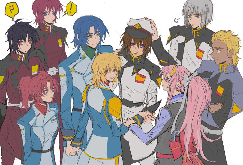 ! 4girls 5boys ? absurdres athrun_zala black_hair blonde_hair blue_eyes blue_hair brother_and_sister brown_hair cagalli_yula_athha commentary_request crossed_arms dearka_elsman green_eyes grey_hair gundam gundam_seed hair_ornament hair_ribbon hat highres holding_hands jacket kira_yamato lacus_clyne long_hair long_sleeves lunamaria_hawke meyrin_hawke military_jacket military_uniform multiple_boys multiple_girls open_mouth pink_hair ponytail purple_eyes red_eyes red_hair ribbon she_(morianosu) shinn_asuka short_hair siblings simple_background sisters smile spoken_exclamation_mark spoken_question_mark sweatdrop white_background yellow_eyes yzak_joule