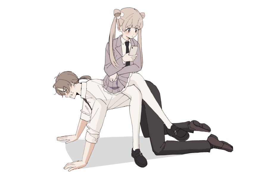 1boy 1girl all_fours azumaya_haruka black_necktie black_pants black_shoes blush brown_eyes brown_hair brown_shoes cellphone clenched_teeth collared_shirt commentary_request crossed_legs grey_jacket grey_skirt highres holding holding_phone jacket loafers long_hair low_ponytail necktie open_clothes open_jacket pants pantyhose phone pleated_skirt ponytail profile sakura_no_sekai shadow shirt shoes simple_background sitting sitting_on_person skirt sweat teeth tsuruse twintails utsumi_sakura very_long_hair white_background white_pantyhose white_shirt