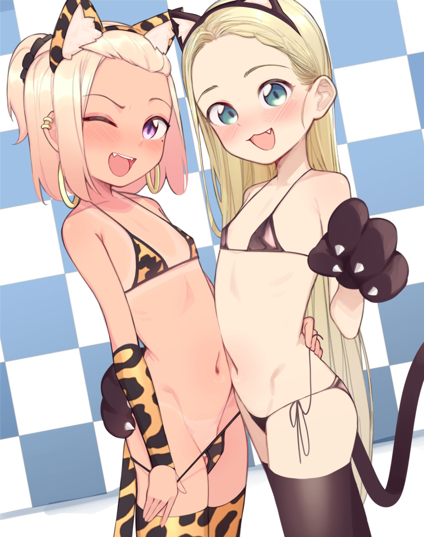 2girls :d ;d animal_ear_fluff animal_ears animal_hands animal_print belly-to-belly bikini bikini_tan black_thighhighs blonde_hair blue_eyes blush borrowed_character breasts cat_ears cat_tail checkered_background claws commentary crossover duplicate ear_piercing earrings fake_animal_ears fake_tail fang female_focus flat_chest forehead gloves grabbing_another&#039;s_waist highres holding_strap hoop_earrings jewelry leopard_ears leopard_print leopard_tail loli long_hair looking_at_viewer micro_bikini midriff mole mole_under_eye multiple_girls navel nona_(yeun) one_eye_closed open_mouth original paw_gloves piercing pixel-perfect_duplicate print_bikini pulling_own_clothes purple_eyes sasha_(haguhagu) short_hair side-tie_bikini_bottom small_breasts smile standing string_bikini swimsuit tail tan tanline teeth thighhighs upper_teeth_only yellow_thighhighs yeun