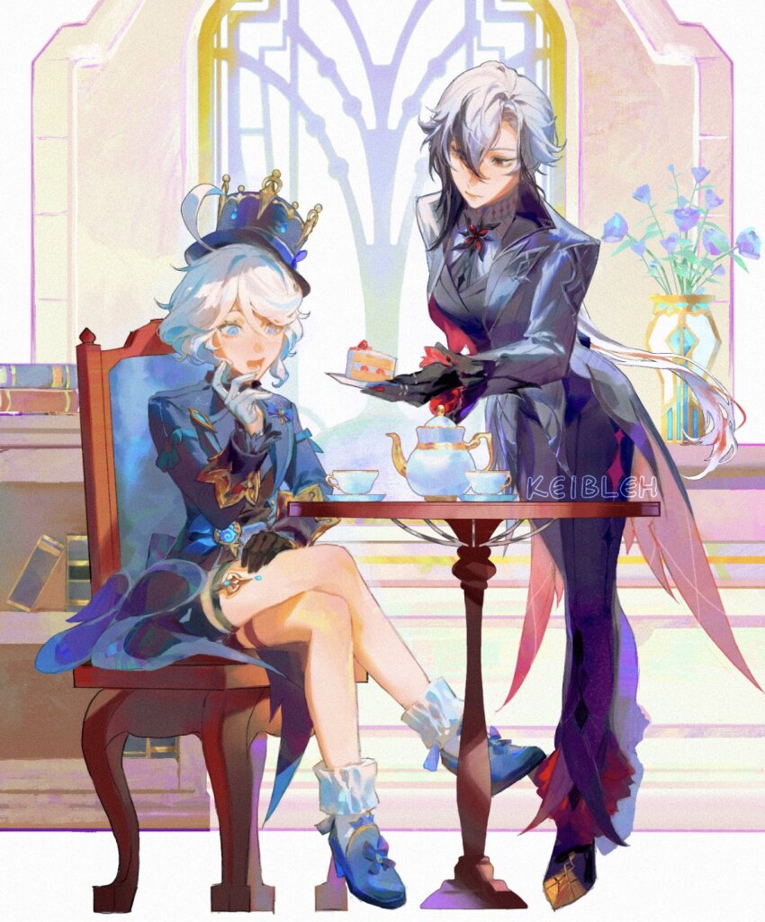 2girls ahoge arlecchino_(genshin_impact) asymmetrical_gloves black_eyes black_footwear black_gloves black_hair black_hands black_pants black_shirt black_shorts black_vest blue_bow blue_eyes blue_flower blue_footwear blue_hair blue_jacket book bookshelf bow breasts cake cake_slice chair claws closed_mouth colored_extremities crossed_legs cup drop-shaped_pupils floor flower food footwear_bow formal_clothes fruit furina_(genshin_impact) genshin_impact gloves grey_jacket hair_between_eyes hand_up hat hat_ornament heterochromia high_heels highres holding holding_plate indoors jacket jewelry keibleh kettle lapels leaf long_hair long_sleeves looking_at_another looking_at_object medium_breasts mismatched_gloves mismatched_pupils multicolored_hair multiple_girls open_clothes open_jacket open_mouth pants plate ponytail red_pupils ring shirt shoes short_hair shorts sidelocks sitting socks standing strawberry suit symbol-shaped_pupils table teeth tongue top_hat two-tone_hair vase vest vision_(genshin_impact) white_gloves white_hair white_shirt white_socks window x-shaped_pupils