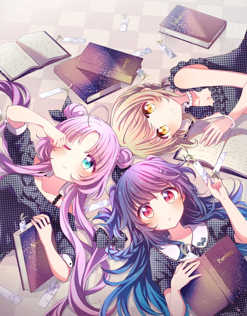 3girls ahoge akeuchi_yuu aqua_eyes black_shirt blonde_hair blue_hair book bookmark bracelet braid closed_mouth collared_shirt double_bun frilled_shirt frills hair_bun hand_up highres hoshikuzu_telepath jewelry konohoshi_umika looking_at_viewer lying multiple_girls necklace off-shoulder_shirt off_shoulder official_art on_back one_eye_closed ookuma_rasuko parted_bangs parted_lips pearl_bracelet pearl_necklace plaid_clothes plaid_shirt purple_hair red_eyes rubbing_eyes shirt short_sleeves side_braid sleepy sleeveless sleeveless_shirt smile takaragi_haruno two_side_up wing_collar