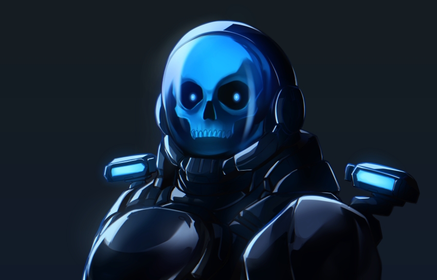 absurdres armor assault_visor black_armor blank_stare blue_eyes call_of_duty call_of_duty:_modern_warfare_2 commission commissioner_upload crossover cyberpunk day_of_wrath_(infinitypilot) dementialmaiden doom_(2016) doom_(series) full_armor ghost_(modern_warfare_2) glaring glowing glowing_eyes helmet highres hologram looking_at_viewer mask meme military original science_fiction sideways_glance skull skull_mask skullhacker_(day_of_wrath) soldier solo solo_focus staring visor_(armor)