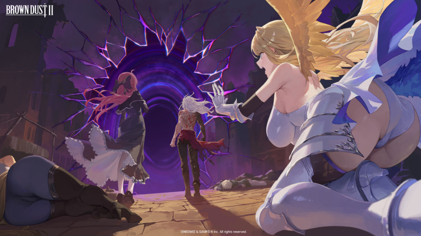 1boy 3girls armor armored_boots ass back_tattoo black_dress black_pants blonde_hair boots bow breasts brown_dust_(series) brown_dust_2 dress faulds gauntlets hair_bow hanging_breasts highres justia_(brown_dust) kneeling large_breasts lathel_(brown_dust) liberta_(brown_dust_2) lying m.q_(mqkyrie) multiple_girls nun official_art on_side open_mouth panties pants red_hair tattoo thigh_boots underwear vambraces white_dress white_hair white_panties wilhelmina_(brown_dust) wings yellow_wings