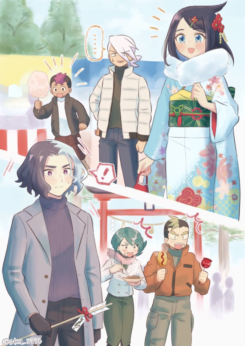 ! ... 2girls 4boys :d alternate_costume amethio_(pokemon) aqua_eyes arrow_(projectile) black_hair blush brown_shorts candy_apple coat commentary_request cotton_candy cowlick day eyelashes floral_print food friede_(pokemon) gloves green_sash hair_ornament hairclip highres holding holding_arrow holding_cotton_candy holding_food jacket japanese_clothes kimono liko_(pokemon) long_sleeves multiple_boys multiple_girls nintendo oka_3776 onia_(pokemon) open_clothes open_coat open_jacket open_mouth outdoors pants pokemon pokemon_(anime) pokemon_horizons roy_(pokemon) sash scarf short_hair shorts smile spoken_ellipsis spoken_exclamation_mark sweater zirc_(pokemon)