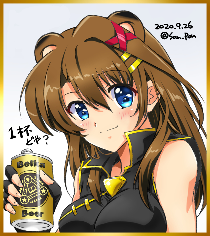 1girl animal_ears beer_can black_gloves blue_eyes blush breasts brown_hair can closed_mouth dated drink_can fingerless_gloves gloves hair_ornament hairclip highres large_breasts long_hair looking_at_viewer lyrical_nanoha mahou_shoujo_lyrical_nanoha_strikers raccoon_ears san-pon signature simple_background smile solo upper_body white_background x_hair_ornament yagami_hayate