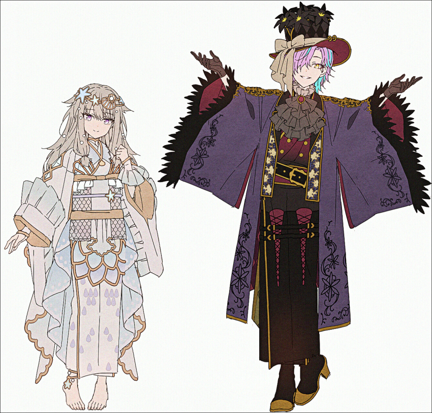 1boy 1girl adapted_costume barefoot black_flower black_gloves black_hakama black_hat black_shoes blue_hair brown_eyes brown_hair closed_mouth flower gloves grey_background grey_kimono grin hair_between_eyes hair_over_one_eye hakama hakusai_(tiahszld) hand_up hat hat_flower high_heels highres jacket japanese_clothes kamishiro_rui kimono kono_matsuri_ni_yuuyami_iro_mo_(project_sekai) kusanagi_nene long_sleeves mermaid_ni_akogarete_(project_sekai) multicolored_hair open_clothes open_jacket pink_hair project_sekai purple_eyes purple_jacket red_kimono revision shoes simple_background smile standing standing_on_one_leg streaked_hair top_hat two-tone_hair wide_sleeves
