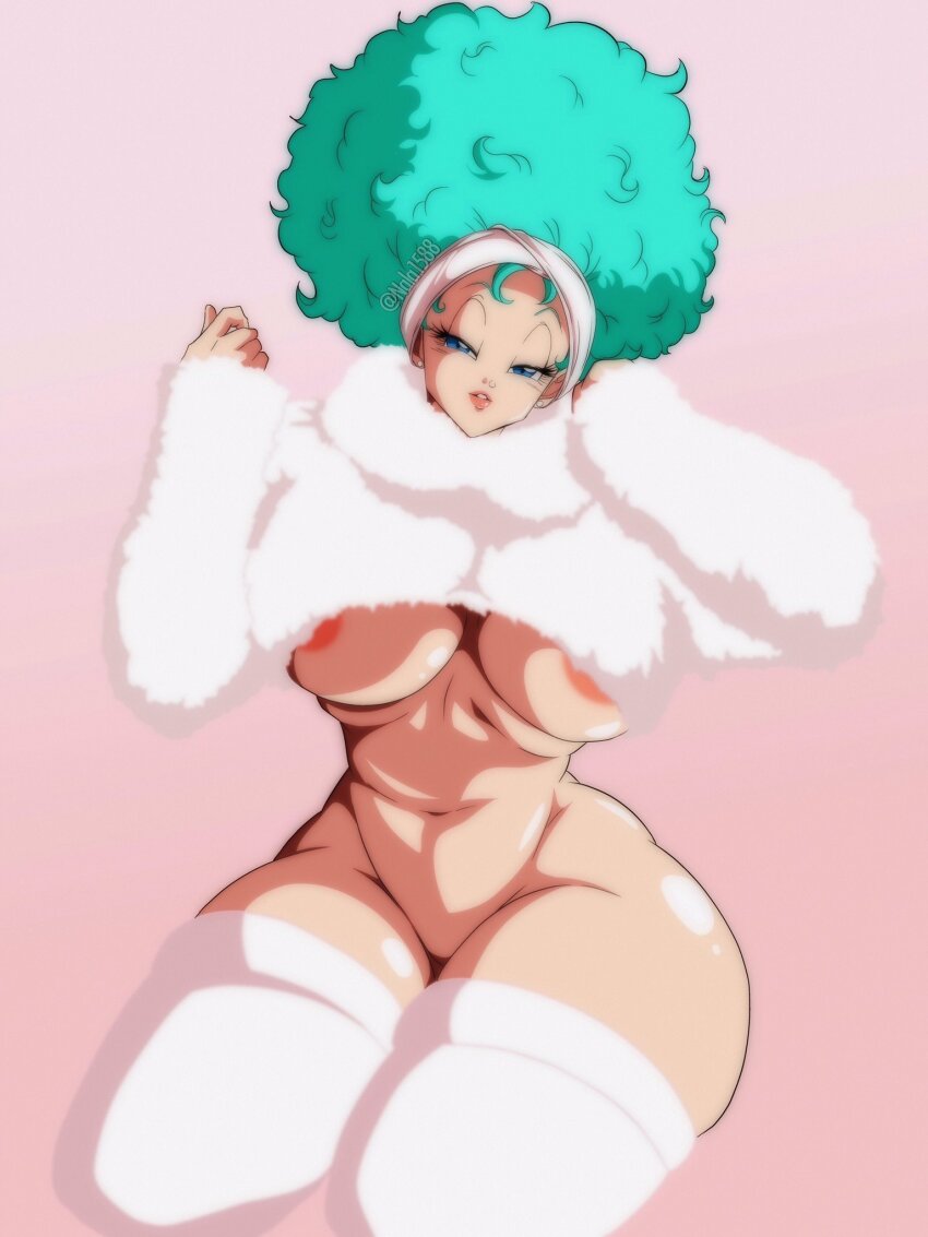 1girl afro aqua_hair ass blue_eyes breasts bulma dragon_ball dragonball_z female_focus highres large_breasts nala1588 nipples short_hair solo source_request text_focus