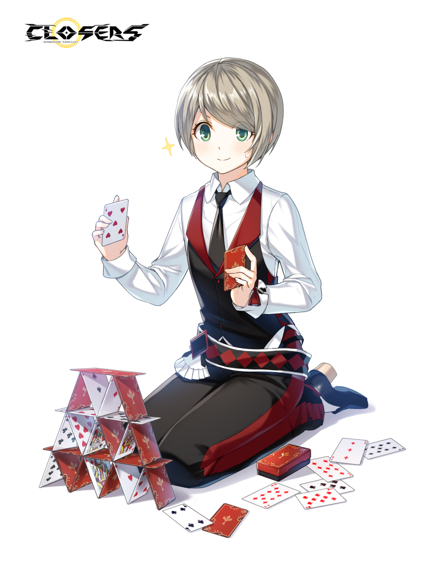 1boy ace_(playing_card) ace_of_diamonds ace_of_hearts belt black_belt black_footwear black_necktie black_pants black_vest bob_cut bow card closed_mouth closers collared_shirt copyright_name croupier diamond_(shape) dress_pants dress_shirt dress_shoes eight_of_clubs eight_of_spades facing_viewer five_of_hearts four_of_clubs full_body green_eyes grey_hair hands_up heart high_heels highres holding holding_card house_of_cards king_(playing_card) king_of_spades logo long_sleeves looking_down male_focus mistilteinn_(closers) necktie nine_of_diamonds nine_of_hearts nine_of_spades official_art on_ground pants playing_card queen_(playing_card) queen_of_diamonds red_bow seiza shadow shirt short_hair sitting six_of_hearts smile socks solo sparkle sweat swept_bangs tachi-e ten_of_diamonds three_of_diamonds three_of_spades trap vest waistcoat white_background white_shirt white_socks wrist_bow