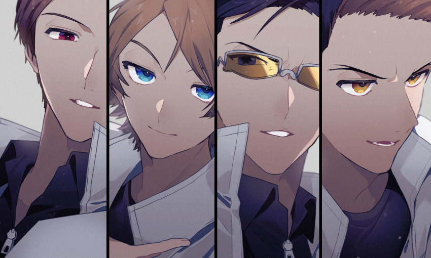 2_0_hatsu 4boys black_eyes black_hair black_shirt blue_eyes brown_hair collared_shirt column_lineup glasses grey_background grin highres jacket kanda_tadaomi kurauchi_kazuki looking_at_viewer looking_away male_focus multiple_boys opaque_glasses ouji_kazuaki parted_lips portrait red_eyes shirt short_hair smile t-shirt tinted_eyewear uniform white-framed_eyewear white_jacket world_trigger yellow-tinted_eyewear yellow_eyes yuba_takuma zipper_pull_tab