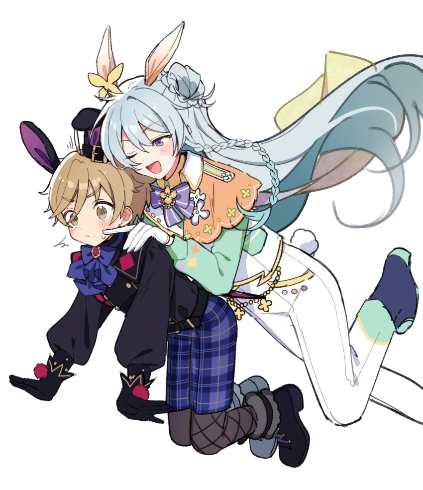 2boys animal_ears aqua_hair black_shirt blue_bow blue_shorts bow brown_eyes brown_hair bun_with_braided_base cheek_poking closed_mouth ensemble_stars! hair_between_eyes half_updo hand_on_another&#039;s_shoulder hibiki_wataru highres long_hair long_sleeves male_focus mashiro_tomoya multiple_boys official_alternate_costume one_eye_closed open_mouth poking purple_eyes rabbit_ears rabbit_tail shirt shisokonbu short_hair shorts simple_background smile tail very_long_hair white_background