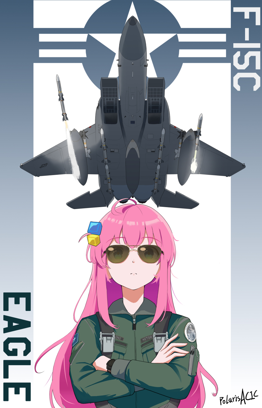1girl absurdres ahoge aircraft airplane arm_pouch aviator_sunglasses blue_eyes bocchi_the_rock! buckle chinese_commentary closed_mouth commentary_request crossed_arms cube_hair_ornament expressionless f-15_eagle f16cblock50 fighter_jet firing flight_suit from_below gotoh_hitori green_shirt hair_ornament highres long_hair long_sleeves looking_at_viewer military_vehicle missile patch pink_hair roundel shirt shoulder_patch sidelocks solo straight-on strap sunglasses united_states_air_force upper_body vehicle_name watch wristwatch zipper_pull_tab