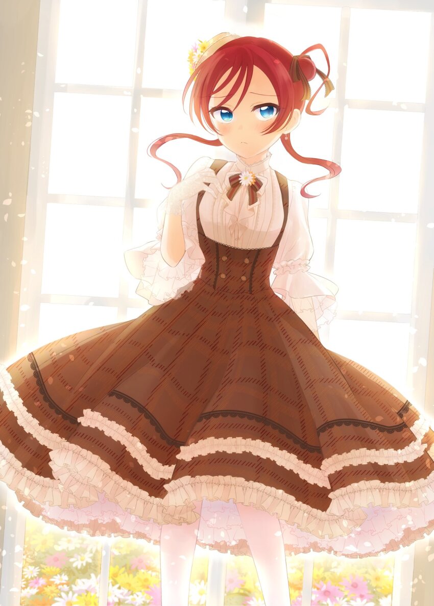 1girl alternate_costume backlighting blue_eyes blush brown_ribbon brown_skirt closed_mouth collared_shirt commentary_request dutch_angle feet_out_of_frame flower_bed framed_breasts frown gloves hair_bun high-waist_skirt highres indoors long_skirt looking_at_viewer love_live! love_live!_superstar!! mame_mochiko neck_ribbon pantyhose red_hair ribbed_shirt ribbon shirt short_hair_with_long_locks single_side_bun skirt solo white_gloves white_pantyhose white_shirt window yoneme_mei