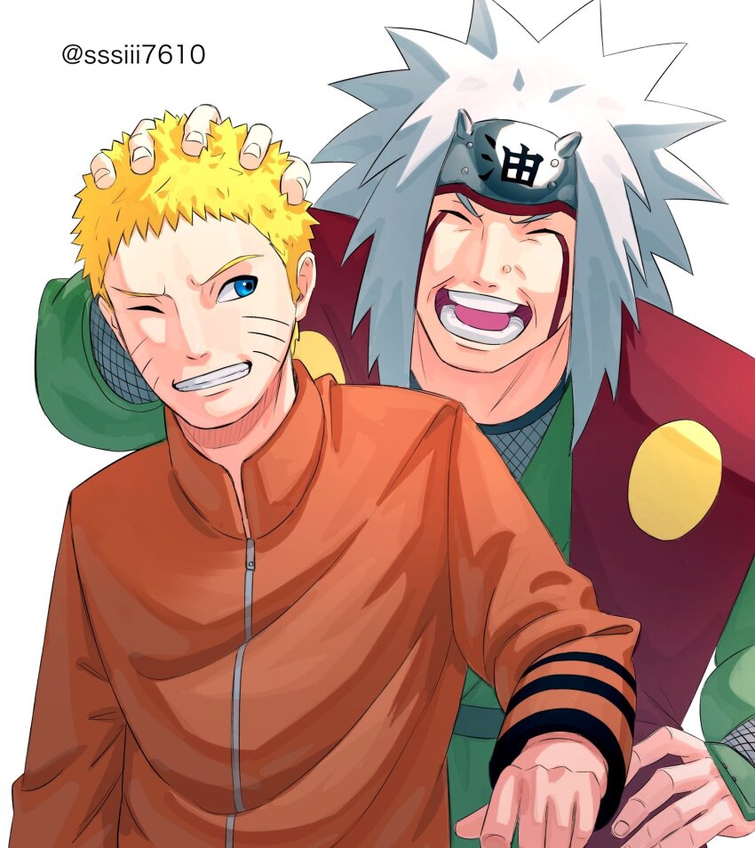 2boys artist_name blonde_hair closed_eyes facial_mark flak_jacket forehead_protector hand_on_another&#039;s_head highres hokage jacket jiraiya_(naruto) male_focus multiple_boys naruto_(series) old old_man one_eye_closed open_mouth signature smile spiked_hair sssiii76102 teacher_and_student twitter_username uzumaki_naruto whisker_markings white_hair