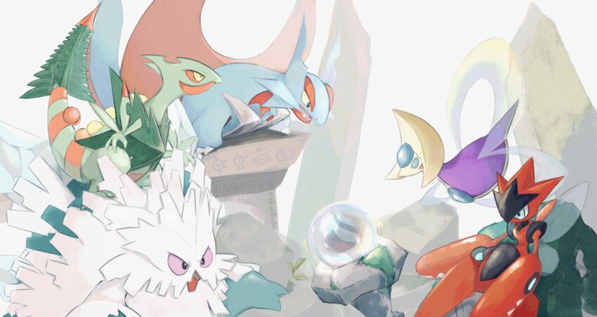 abomasnow alternate_color black_eyes blue_eyes claws colored_sclera commentary_request cresselia fireblast gen_2_pokemon gen_3_pokemon gen_4_pokemon highres insect_wings legendary_pokemon mega_abomasnow mega_pokemon mega_salamence mega_sceptile mega_scizor nintendo no_humans open_mouth pokemon pokemon_(creature) purple_sclera rock salamence sceptile scizor sharp_teeth shiny_pokemon sitting tail teeth unown unownglyphics white_background wings yellow_sclera