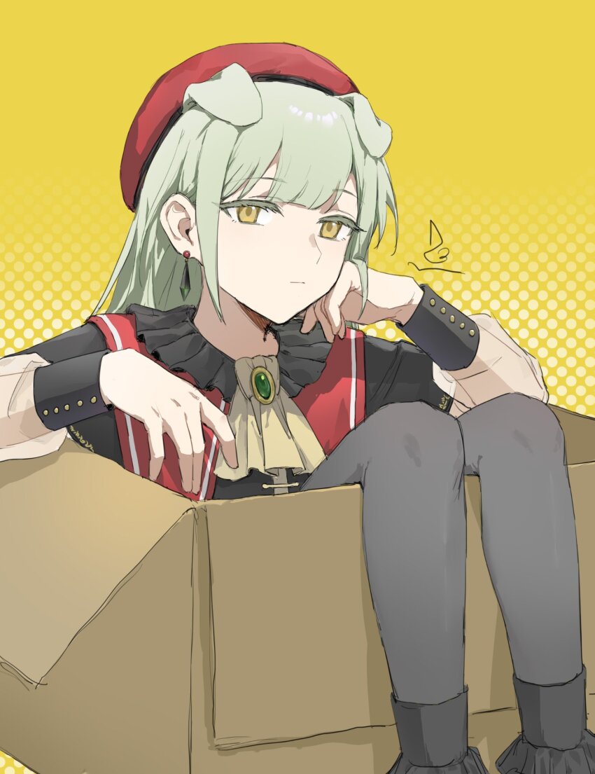 1girl :| animal_ears arm_rest ascot bang_dream! bang_dream!_it&#039;s_mygo!!!!! beret black_capelet black_collar black_pantyhose black_sleeve_cuffs black_socks box capelet cardboard_box closed_mouth collar dog_ears dog_girl earrings expressionless feet_out_of_frame frilled_collar frilled_socks frills green_brooch green_hair hair_between_eyes hand_on_own_cheek hand_on_own_face hands_up hat highres in_box in_container jewelry kemonomimi_mode knees_up looking_at_viewer mortis_(bang_dream!) mortis_(costume)_(bang_dream!) no_mask pantyhose polka_dot polka_dot_background red_capelet red_hat see-through_clothes see-through_sleeves sidelocks single_earring sitting socks solo striped_capelet swept_bangs three_quarter_view wakaba_mutsumi yellow_ascot yellow_background yellow_eyes zx277x