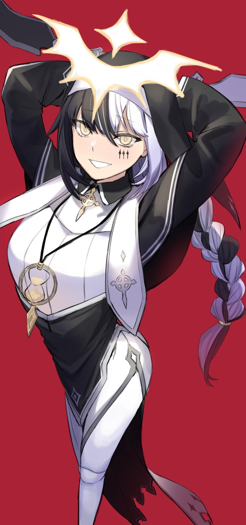 1girl absurdres arms_behind_head arms_up arrow_cross black_capelet black_hair borrowed_character braid braided_ponytail breasts capelet celtic_cross coif cross doll_joints dress facial_mark ganesagi habit halo highres holding holding_weapon hourglass joints large_breasts long_hair looking_at_viewer multicolored_hair nun original parted_lips red_background side_slit simple_background stole two-tone_hair veil violet_(ac8231) weapon white_hair yellow_eyes