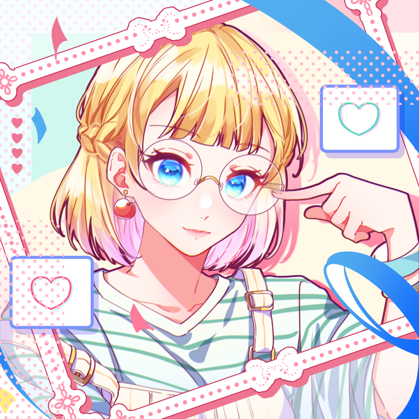 1girl absurdres apple_earrings bespectacled blonde_hair blue_eyes bracelet braid casual closed_mouth colored_inner_hair commentary dotted_background dotted_line earrings food-themed_earrings food_themed_earrings framed glasses half_updo heart highres honeyworks index_finger_raised jewelry kokuhaku_jikkou_iinkai lips multicolored_background multicolored_hair narumi_mona overalls pink_hair pink_lips pointing pointing_at_self round_eyewear shirt short_hair short_sleeves single_braid solo sophia_pie_12 strap_slip striped_clothes striped_shirt two-tone_hair upper_body white_overalls white_shirt