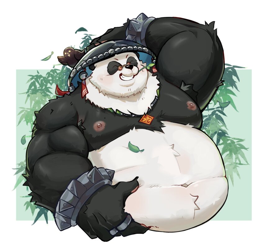 1boy animal_ears bara belly biceps bird bracelet closed_eyes commentary_request facing_to_the_side fat fat_man furry furry_male grin hand_on_headwear hand_on_own_stomach highres jewelry male_focus mouth_hold navel nipples pan_yinhu panda_boy panda_ears pectorals pinxz_art round_eyewear smile spiked_bracelet spikes stalk_in_mouth thai_commentary topless_male wok zenless_zone_zero