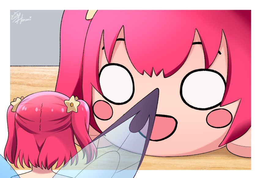1girl :d absurdres artist_name blush_stickers character_doll commentary fairy fairy_wings genjitsu_no_yohane highres kurosawa_ruby love_live! love_live!_sunshine!! mini_person minigirl nesoberi o_o open_mouth oversized_object pink_hair ruby_(genjitsu_no_yohane) short_hair signature ska.harumi smile solo wings