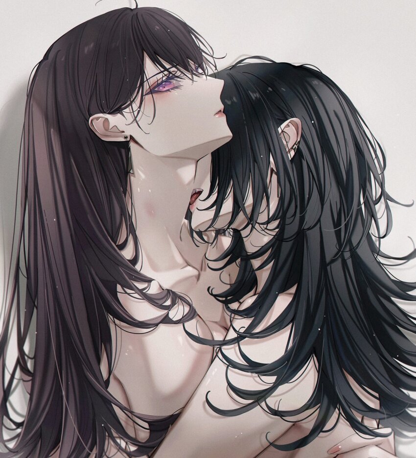 2girls ahoge bang_dream! bang_dream!_it&#039;s_mygo!!!!! biting black_hair blackfangs commentary earclip highres hug long_hair looking_at_viewer multiple_girls neck_biting nude open_mouth parted_lips purple_eyes shiina_taki yahata_umiri yuri