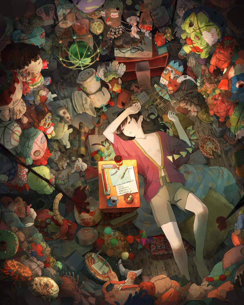 1boy absurdly_detailed_composition absurdres arm_on_own_head barefoot black_hair blanket box brown_shorts chakotata chess_piece commentary_request crescent damaged dartboard doll from_above hair_down heart_(organ) highres indoors knee_up letter loaded_interior long_hair looking_away looking_to_the_side lying male_focus mask monocular on_back origami original paper pencil pillow rug short_sleeves shorts slingshot_(weapon) solo stuffed_animal stuffed_toy too_many toy unworn_mask urn vase wooden_floor